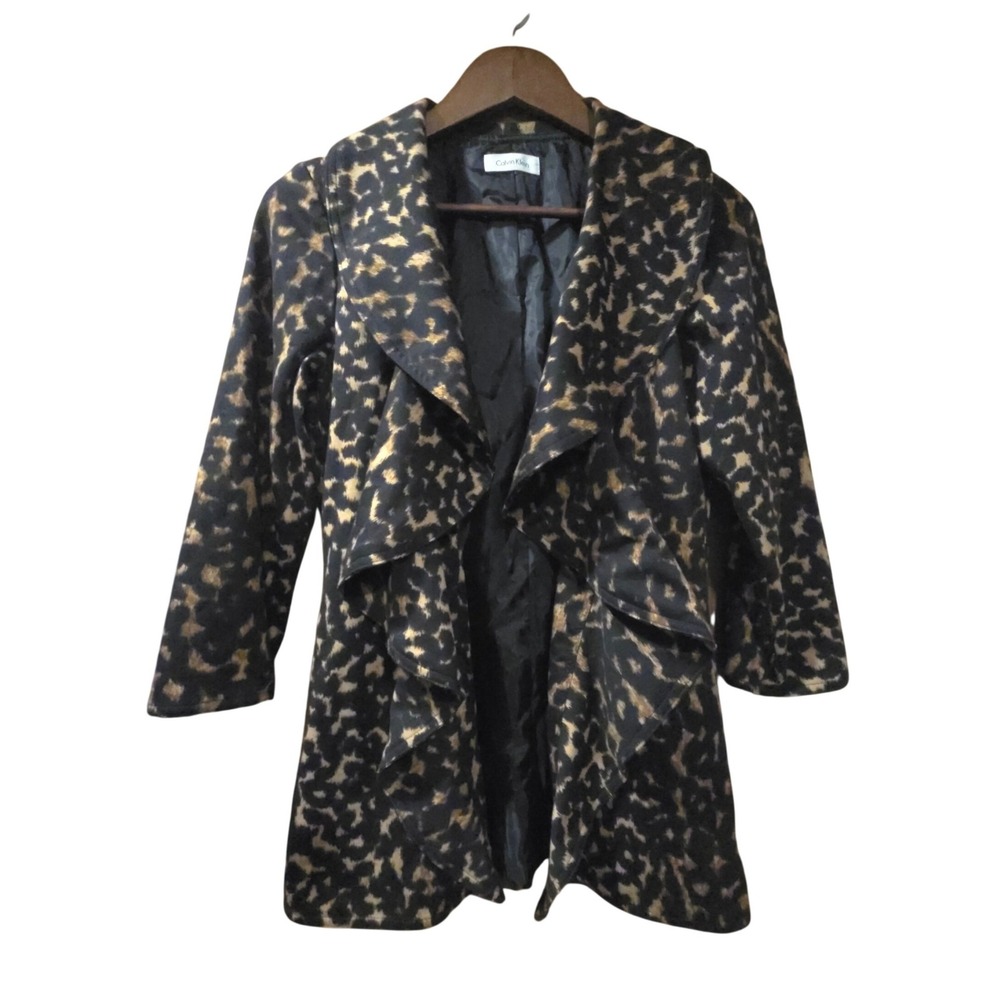 Calvin Klein Animal Print Open Front Draped Cardigan Jacket Black Gold Tone